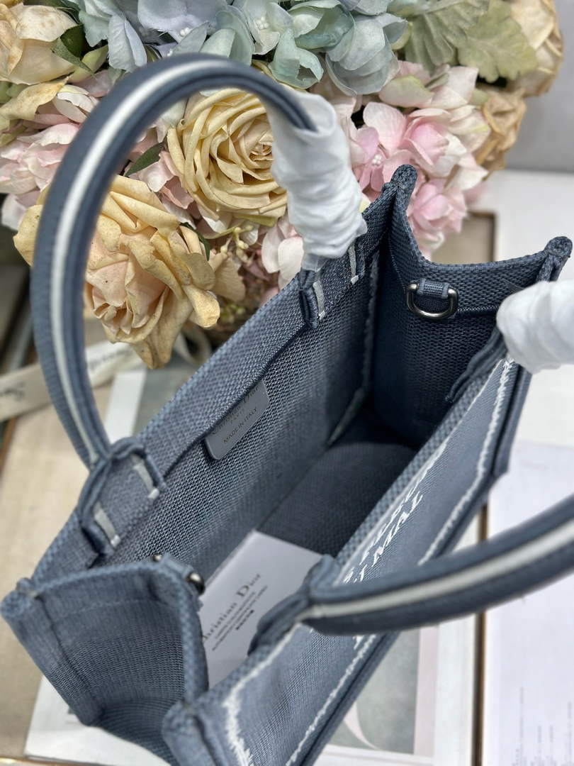 Small Dior Book Tote with Strap - Blue and White Toile de Jouy Embroidery - Default Title - View 6