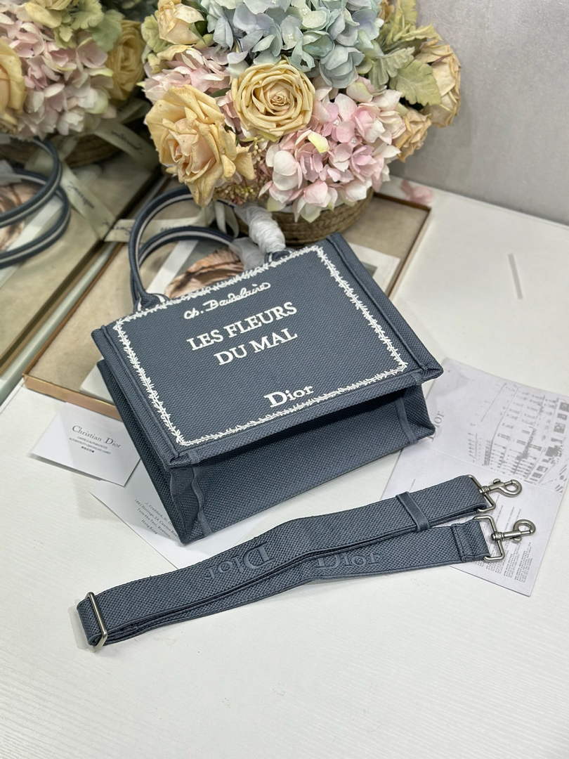 Small Dior Book Tote with Strap - Blue and White Toile de Jouy Embroidery - Default Title - View 8
