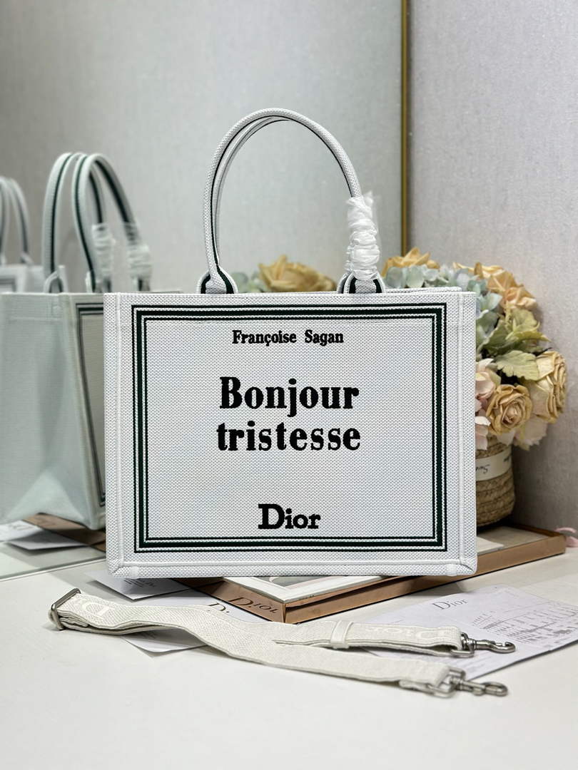 Dior Medium Book Tote – White and Black Toile de Jouy Embroidery – with Strap - Default Title - View 3