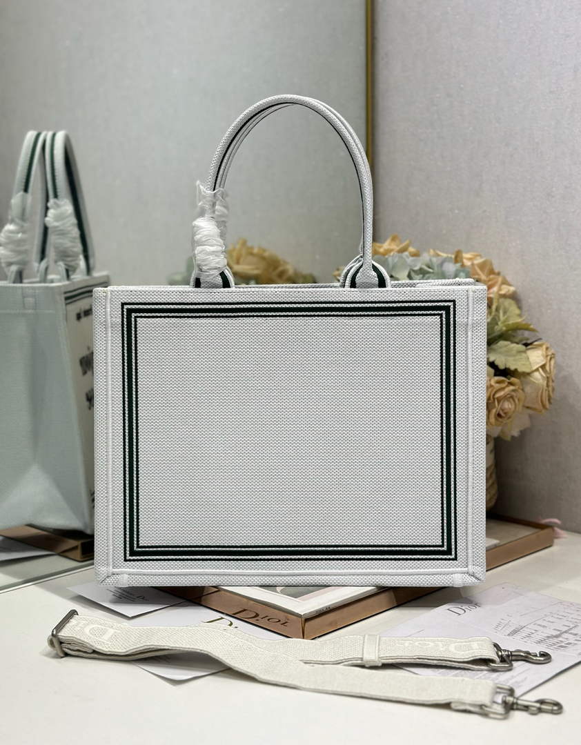Dior Medium Book Tote – White and Black Toile de Jouy Embroidery – with Strap - Default Title - View 4