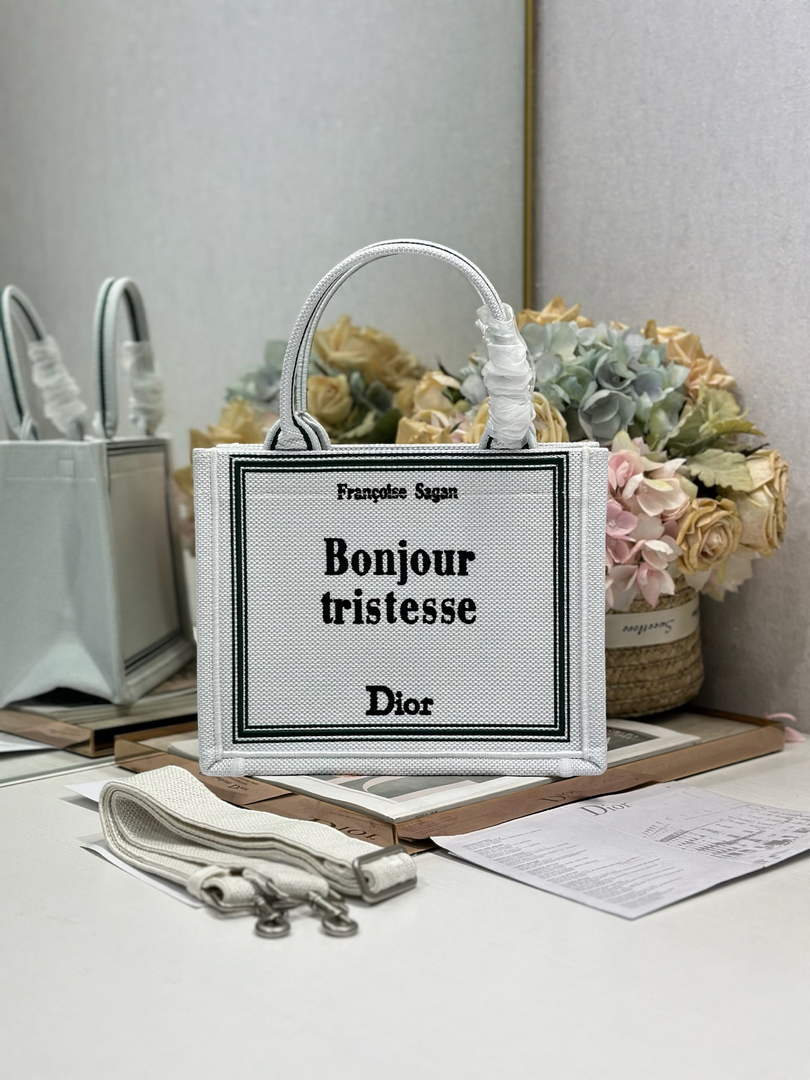 Small Dior Book Tote with Strap - White and Black Toile de Jouy Embroidery - Default Title - View 1