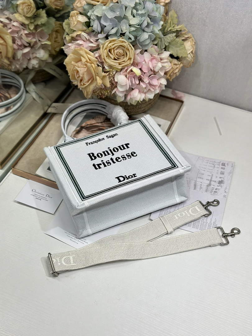 Small Dior Book Tote with Strap - White and Black Toile de Jouy Embroidery - Default Title - View 7