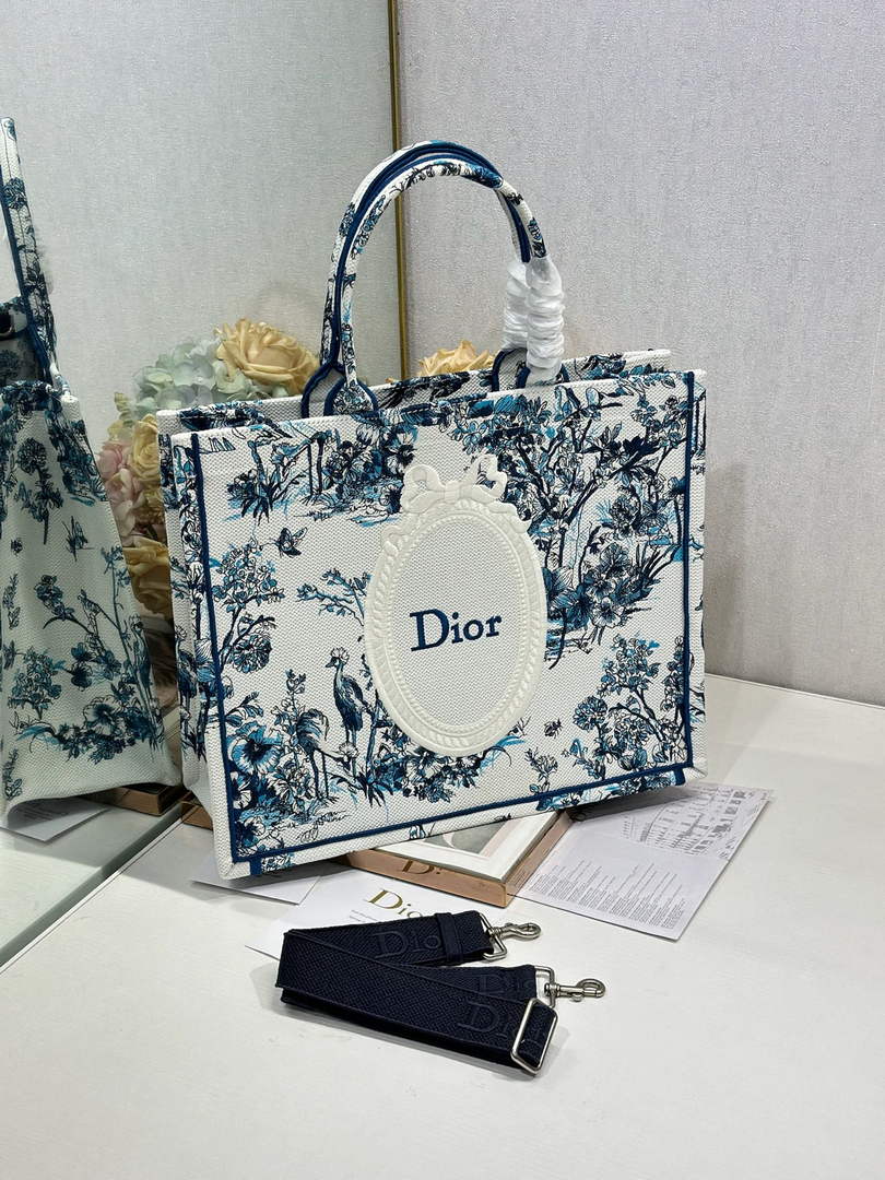 Dior Medium Book Tote with Strap – Blue Toile de Jouy Floral Garden - Default Title - View 3
