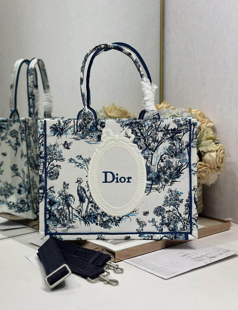 Dior Medium Book Tote with Strap – Blue Toile de Jouy Floral Garden - Default Title - View 1