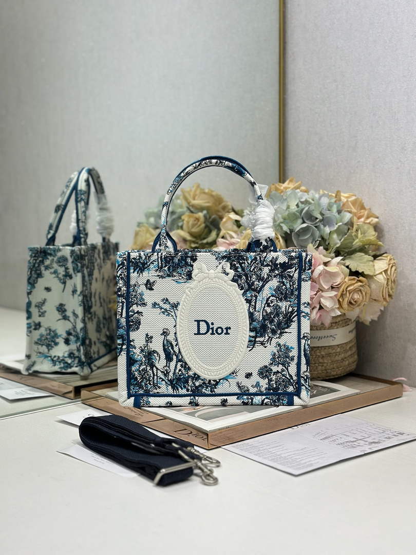 Small Dior Book Tote with Strap – Blue Toile de Jouy Floral Garden - Default Title - View 1