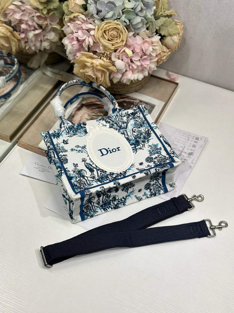 Small Dior Book Tote with Strap – Blue Toile de Jouy Floral Garden - Default Title - View 9