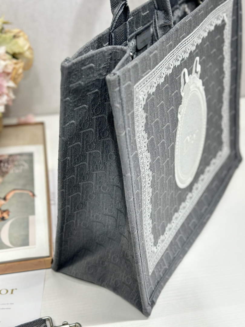 Dior Large Book Tote – Black Oblique with White Lace - Default Title - View 4