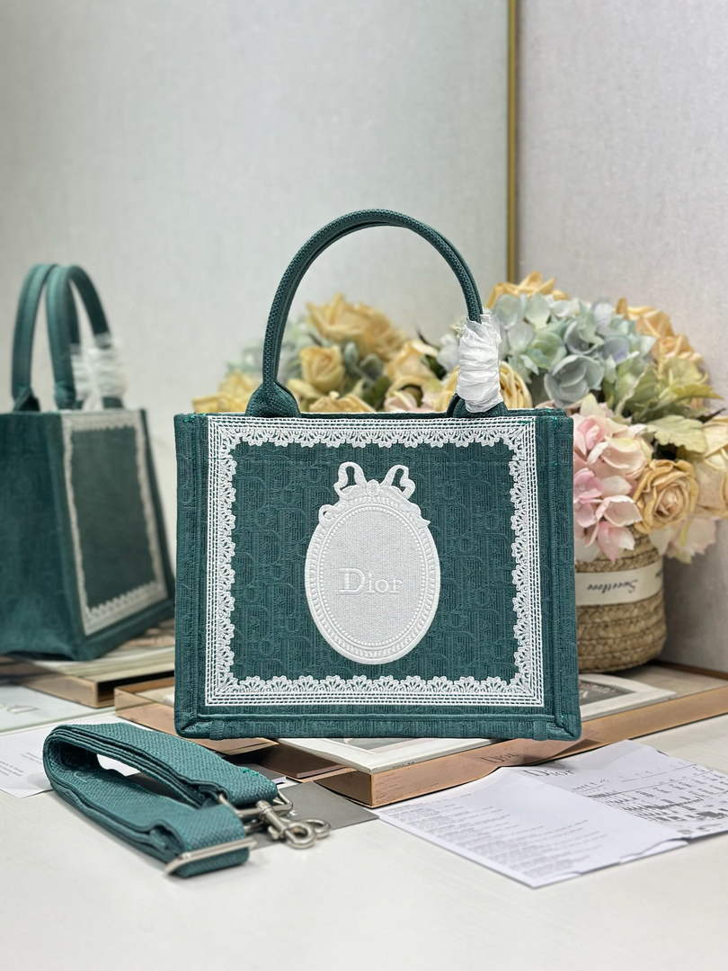 Dior Small Book Tote with Strap – Green Oblique with White Lace - Default Title - View 1