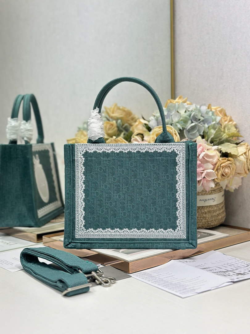 Dior Small Book Tote with Strap – Green Oblique with White Lace - Default Title - View 2