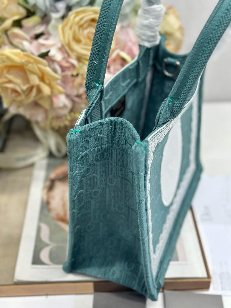 Dior Small Book Tote with Strap – Green Oblique with White Lace - Default Title - View 3