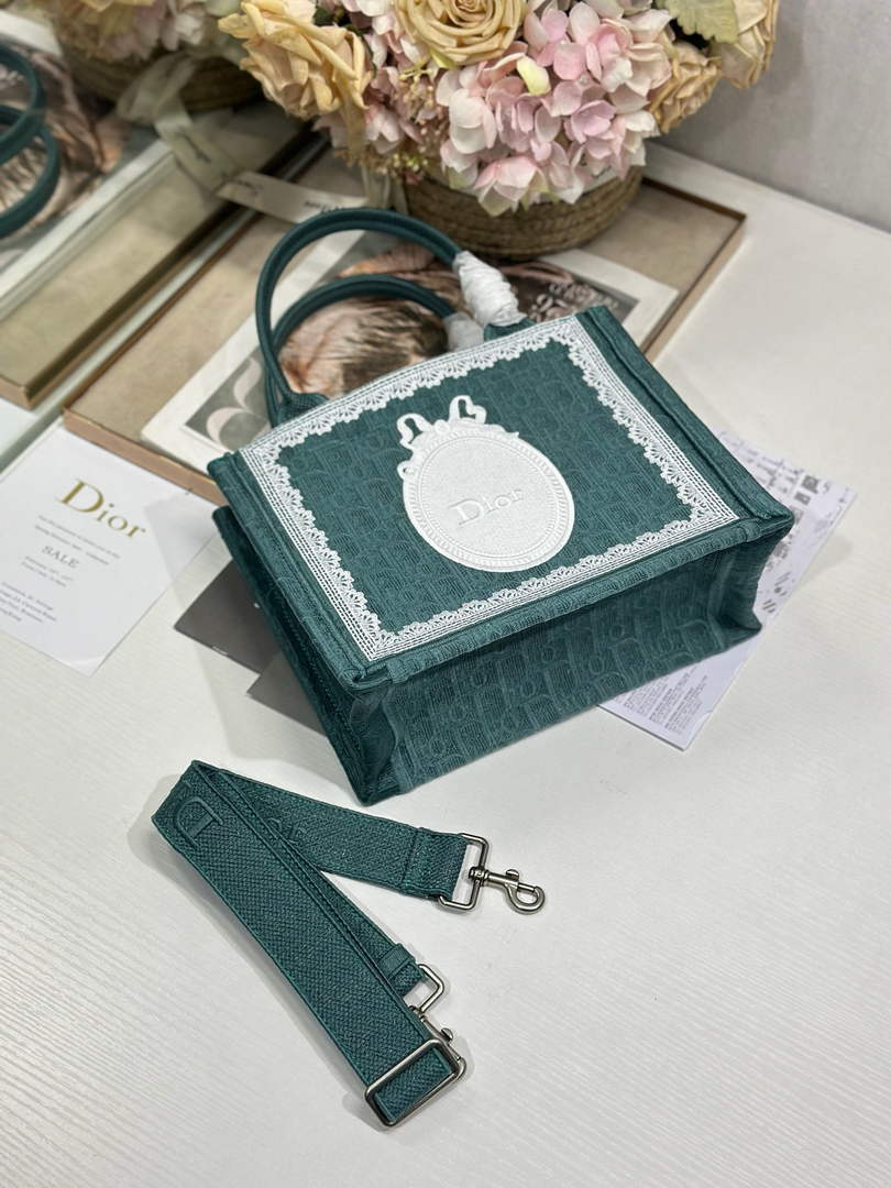 Dior Small Book Tote with Strap – Green Oblique with White Lace - Default Title - View 5