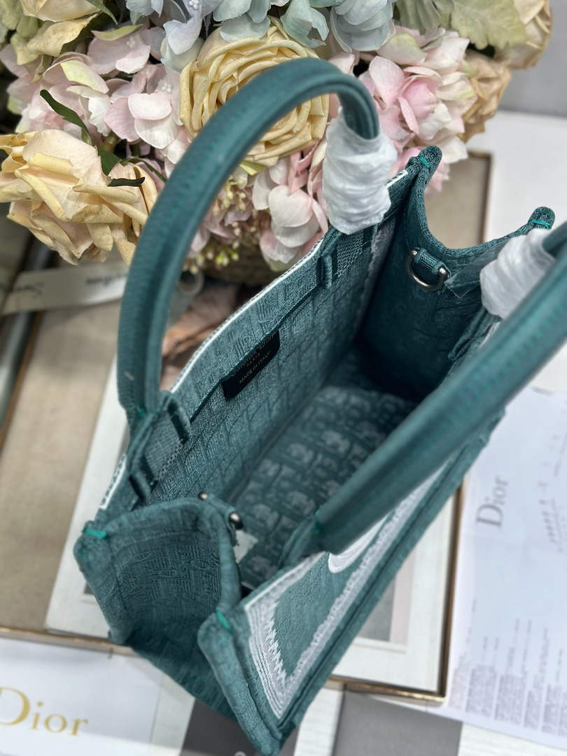 Dior Small Book Tote with Strap – Green Oblique with White Lace - Default Title - View 6