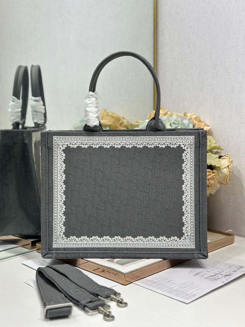 Dior Medium Book Tote with Strap – Black Oblique with White Lace - Default Title - View 4