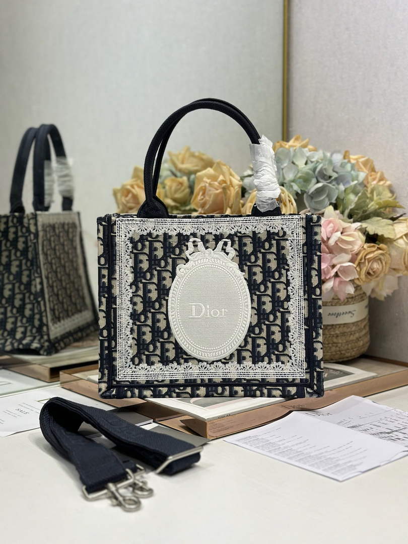 Dior Small Book Tote with Strap – Navy Oblique with White Lace - Default Title - View 1