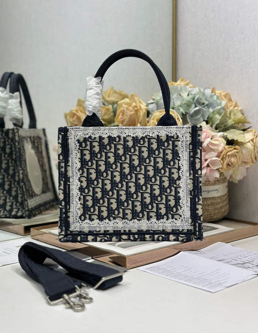 Dior Small Book Tote with Strap – Navy Oblique with White Lace - Default Title - View 2