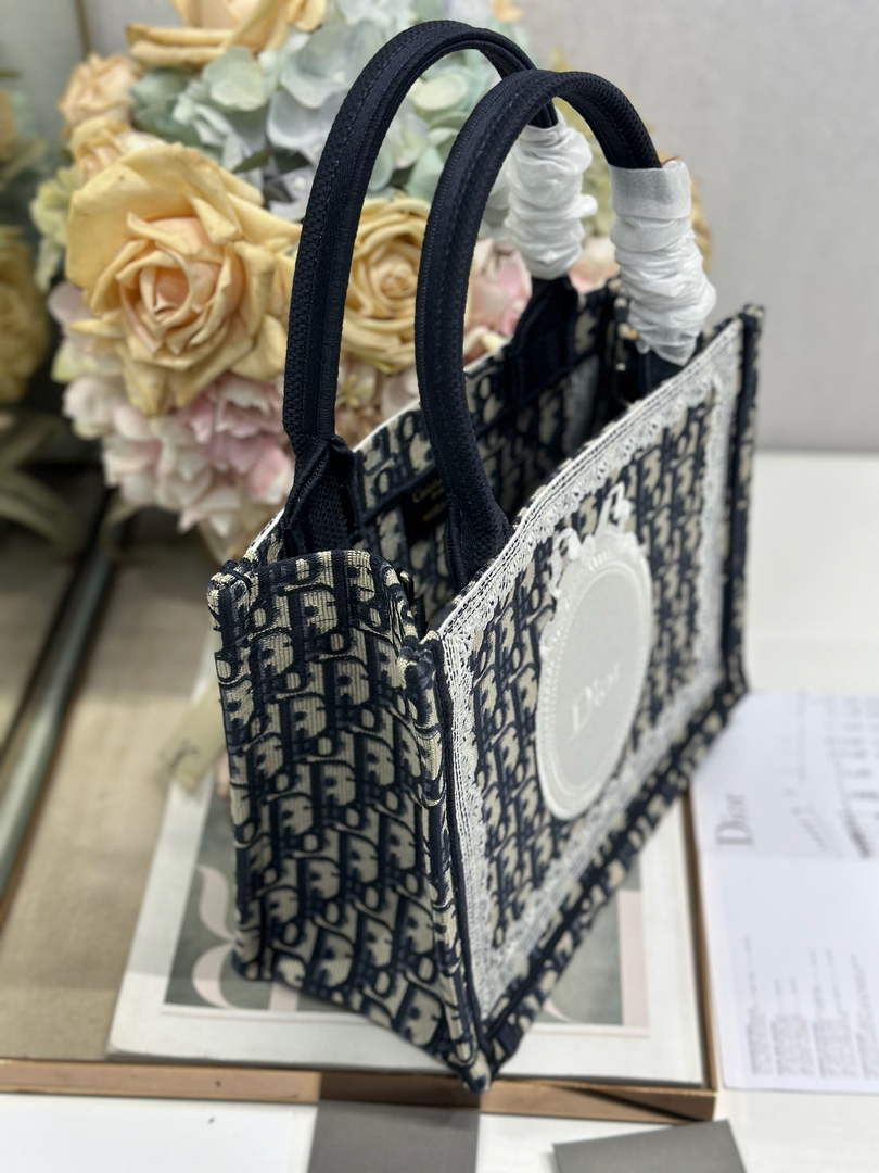 Dior Small Book Tote with Strap – Navy Oblique with White Lace - Default Title - View 3