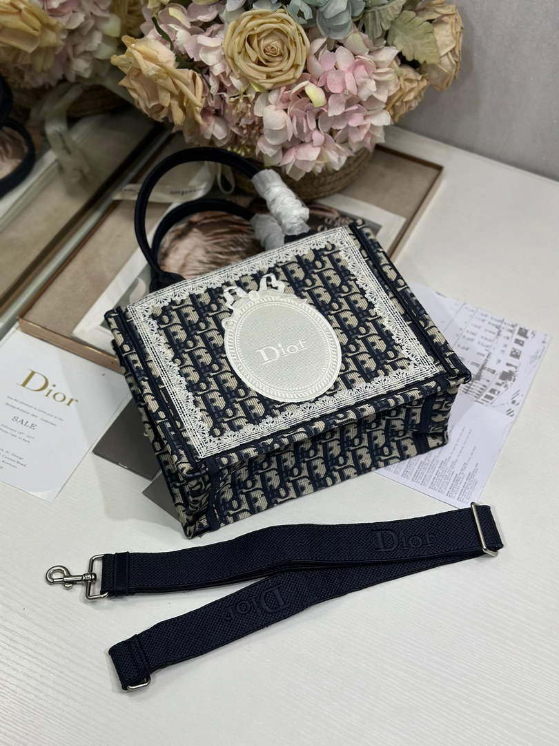 Dior Small Book Tote with Strap – Navy Oblique with White Lace - Default Title - View 9
