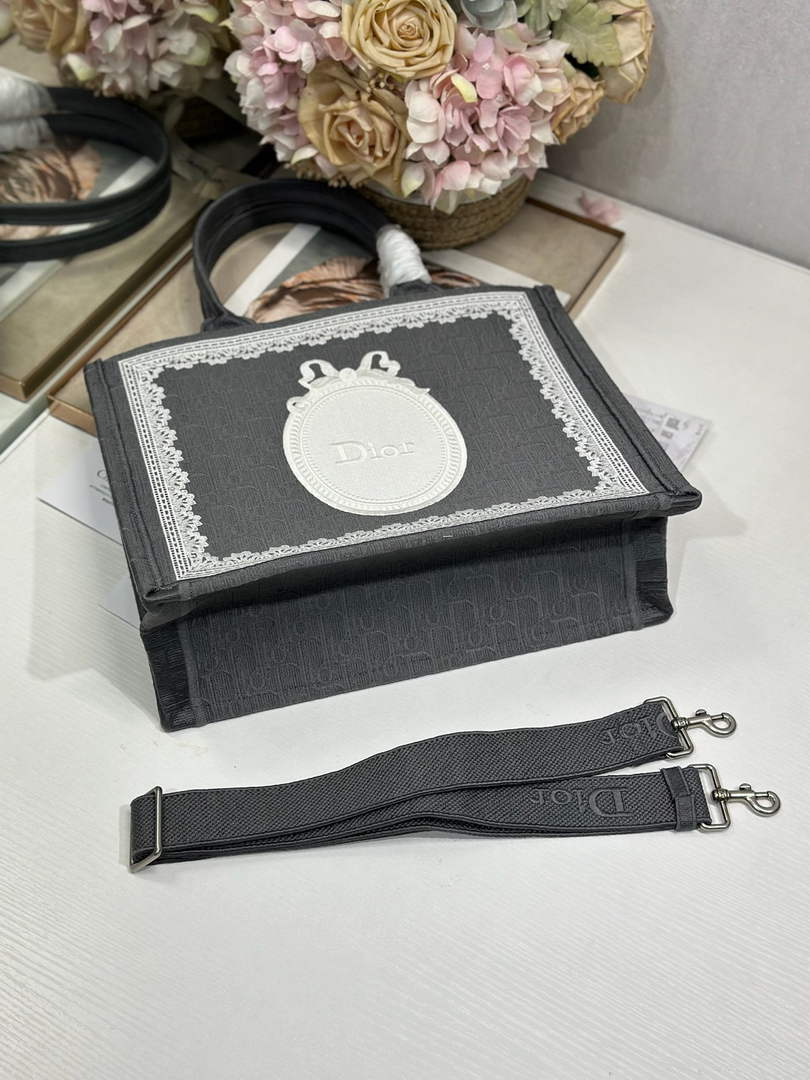 Dior Medium Book Tote with Strap – Black Oblique with White Lace - Default Title - View 8