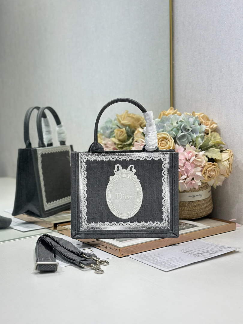 Dior Small Book Tote with Strap – Black Oblique with White Lace - Default Title - View 1