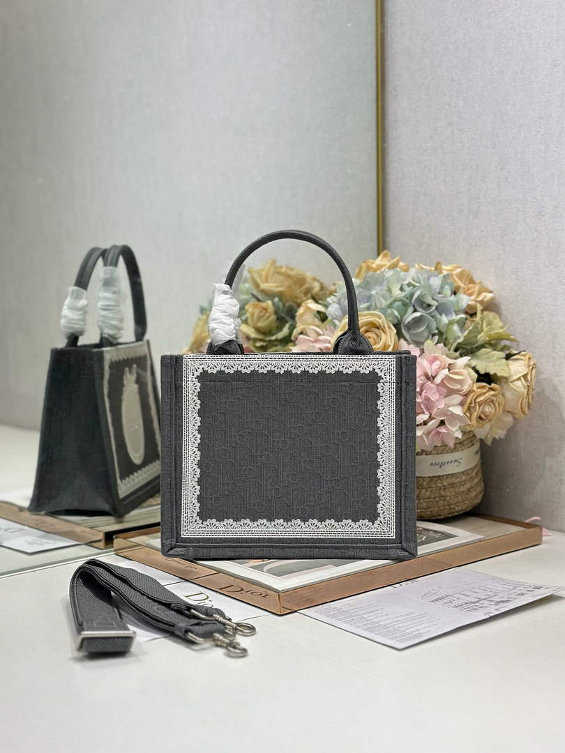Dior Small Book Tote with Strap – Black Oblique with White Lace - Default Title - View 2