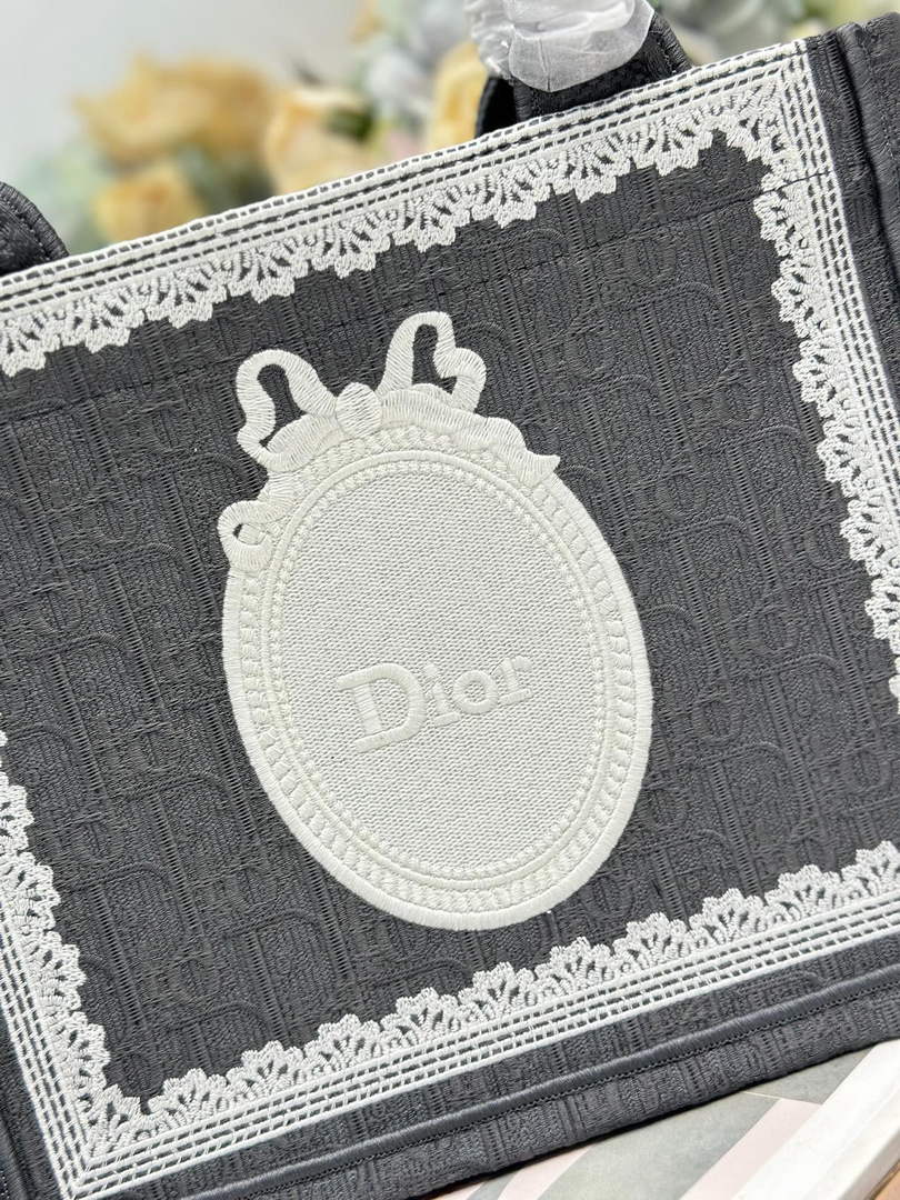 Dior Small Book Tote with Strap – Black Oblique with White Lace - Default Title - View 4