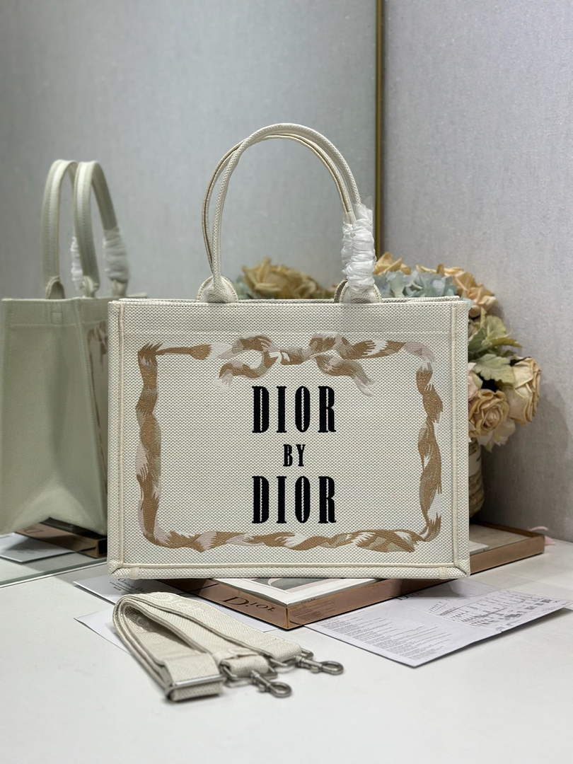 Dior Medium Book Tote with Strap – Beige Embroidery - Default Title - View 3