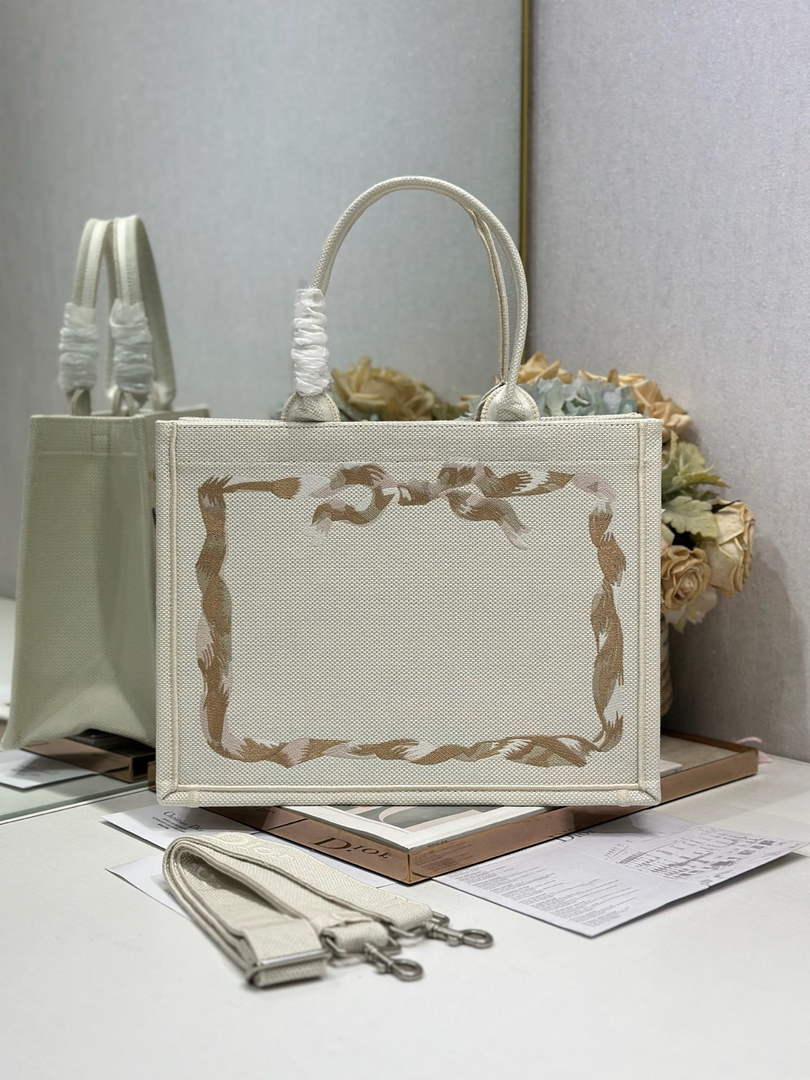 Dior Medium Book Tote with Strap – Beige Embroidery - Default Title - View 4