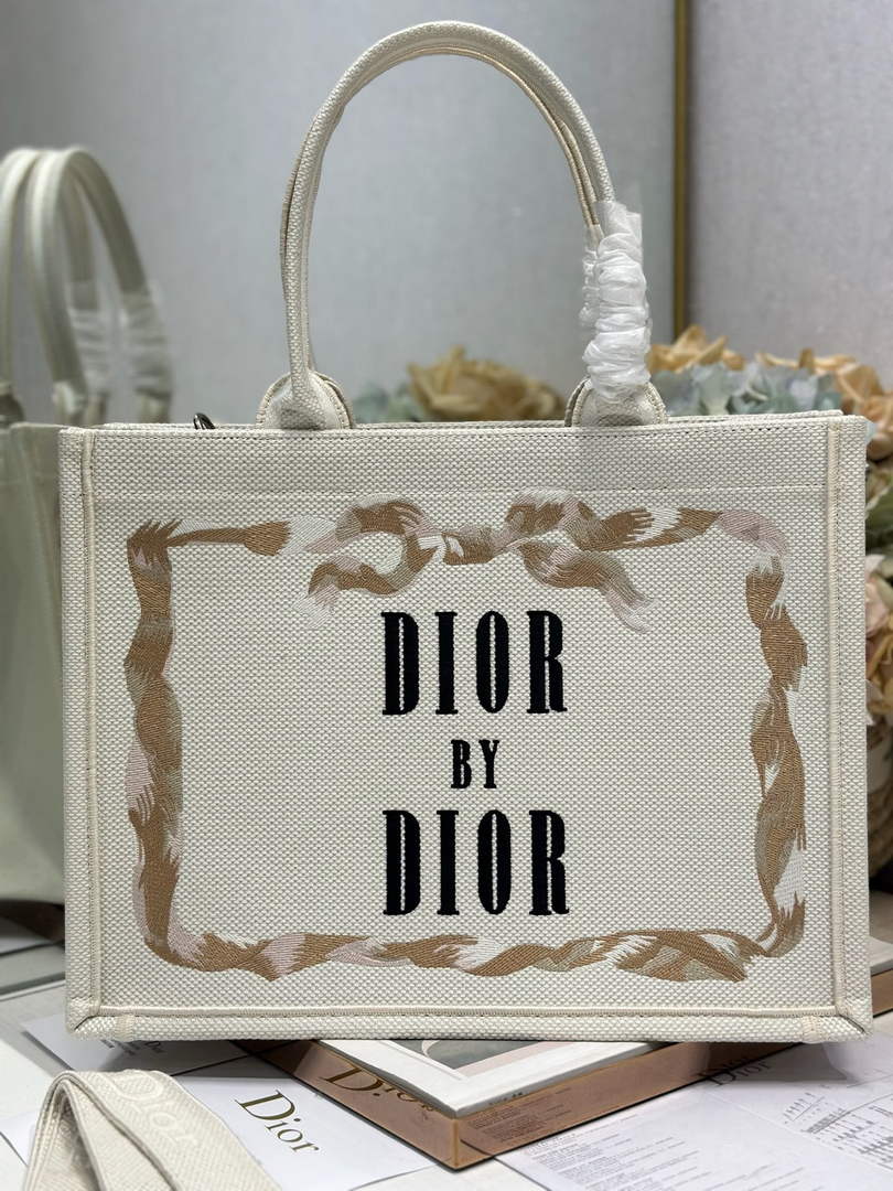 Dior Medium Book Tote with Strap – Beige Embroidery - Default Title - View 1
