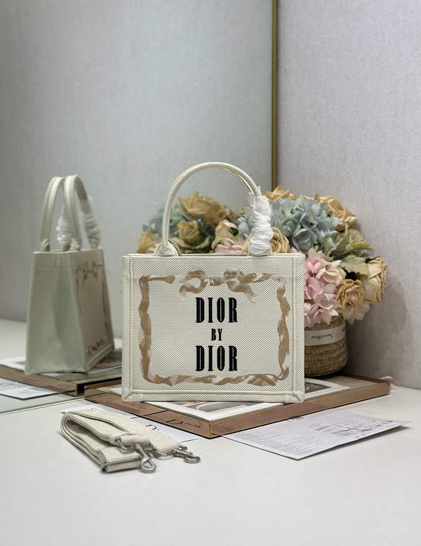 Dior Small Book Tote with Strap – Beige Embroidery - Default Title - View 1