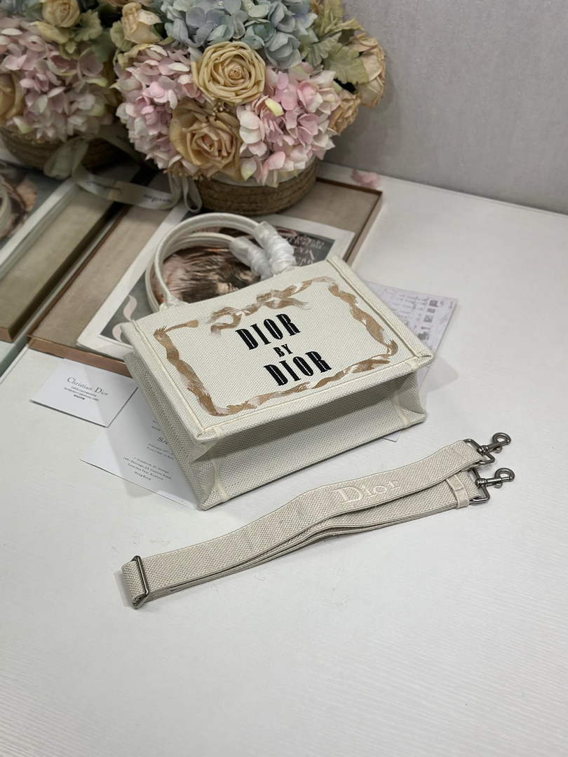 Dior Small Book Tote with Strap – Beige Embroidery - Default Title - View 6