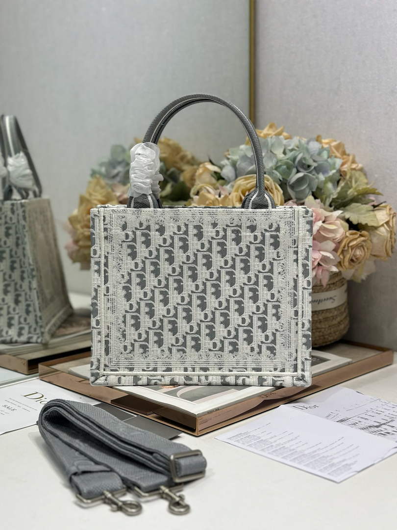 Dior Small Book Tote with Strap – Gray Oblique with White Lace - Default Title - View 2