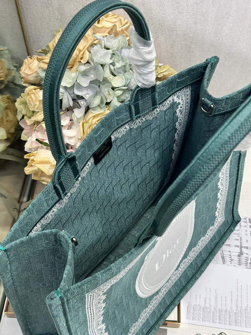 Dior Large Book Tote – Green Oblique with White Lace - Default Title - View 6