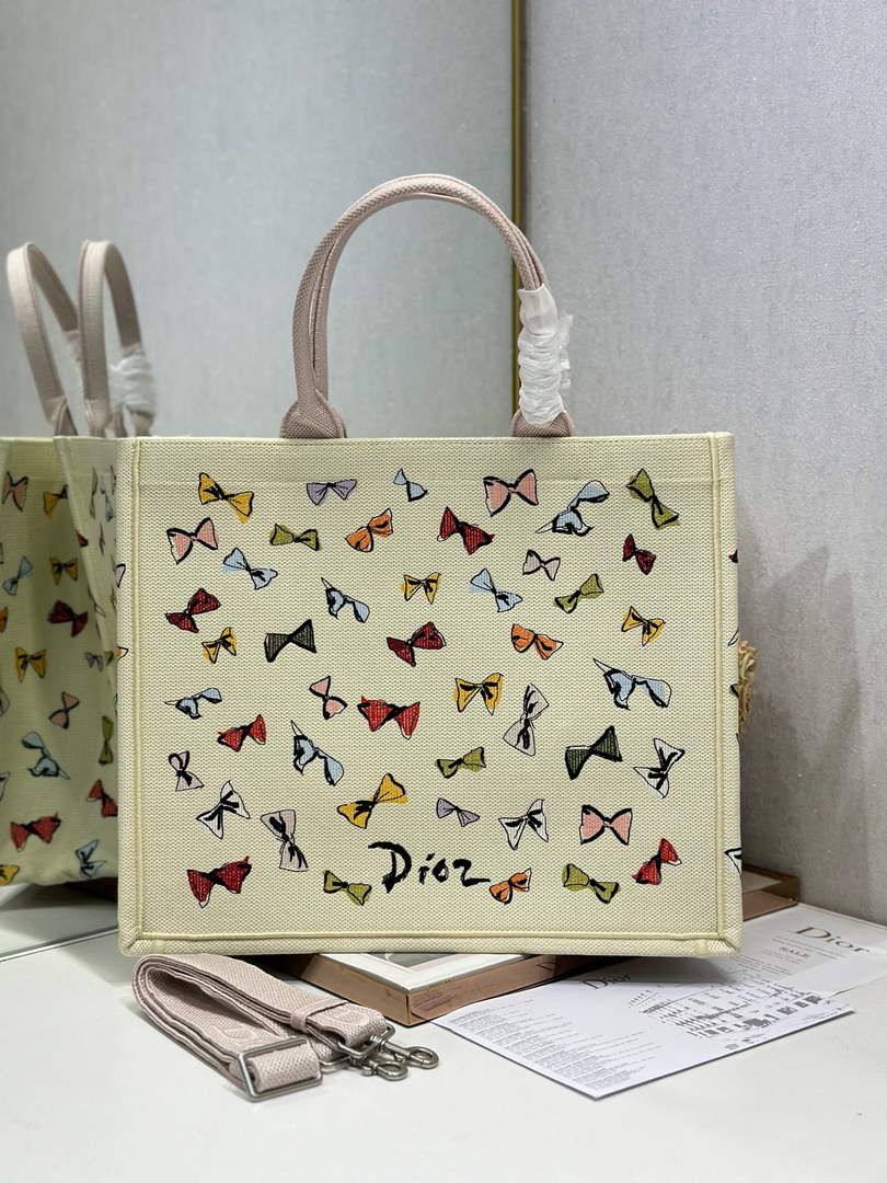 Dioriviera Large Dior Book Tote – Latte Multicolor Bows Embroidery