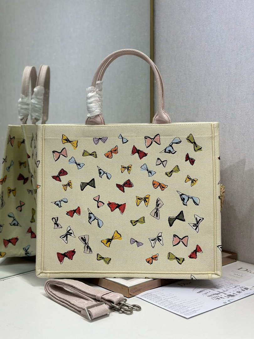 Dioriviera Large Dior Book Tote – Latte Multicolor Bows Embroidery