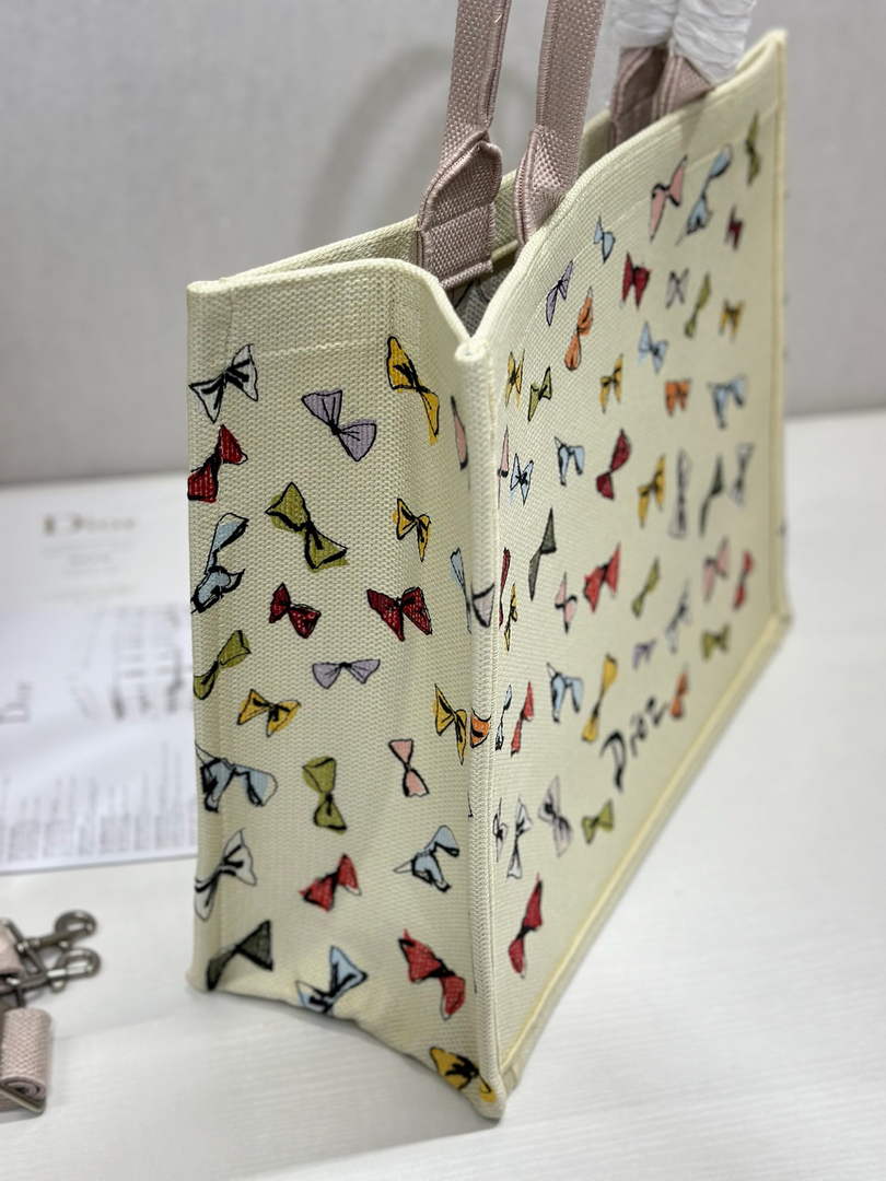 Dioriviera Large Dior Book Tote – Latte Multicolor Bows Embroidery