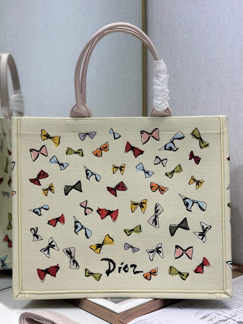 Dioriviera Large Dior Book Tote – Latte Multicolor Bows Embroidery