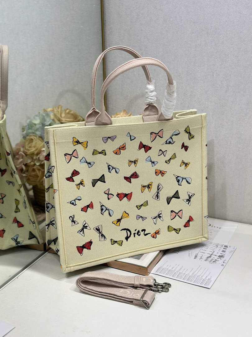 Dioriviera Medium Dior Book Tote with Strap – Latte Multicolor Bows Embroidery