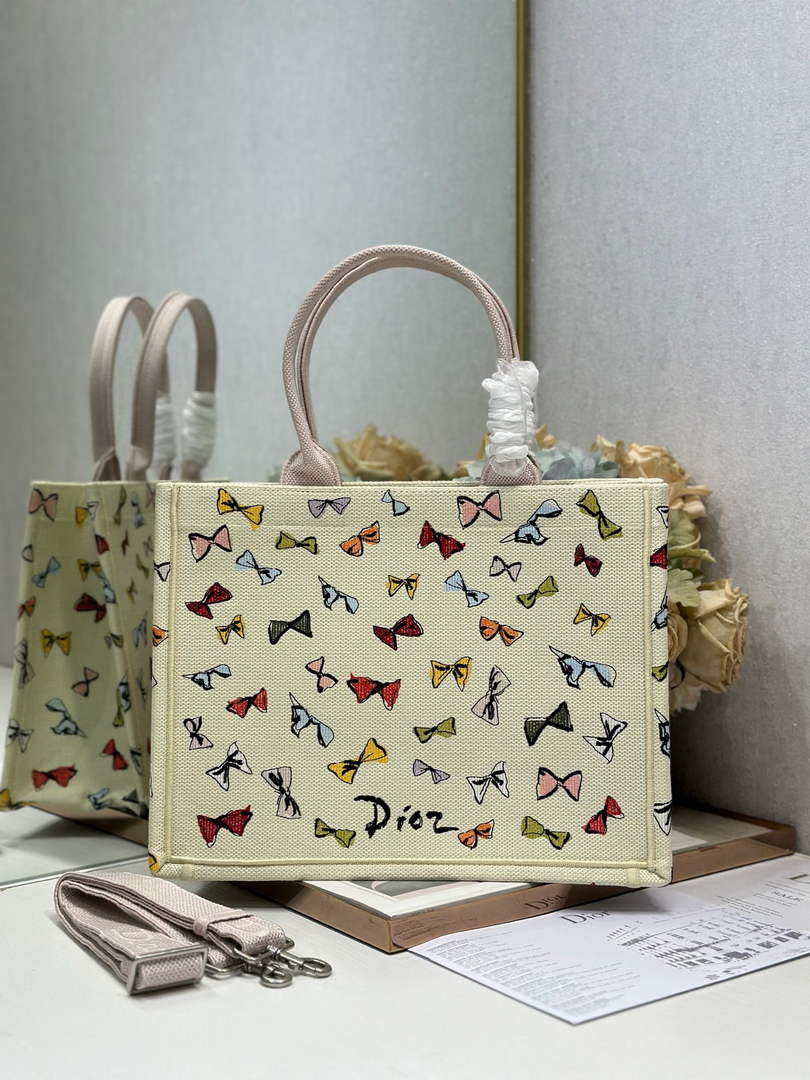 Dioriviera Medium Dior Book Tote with Strap – Latte Multicolor Bows Embroidery