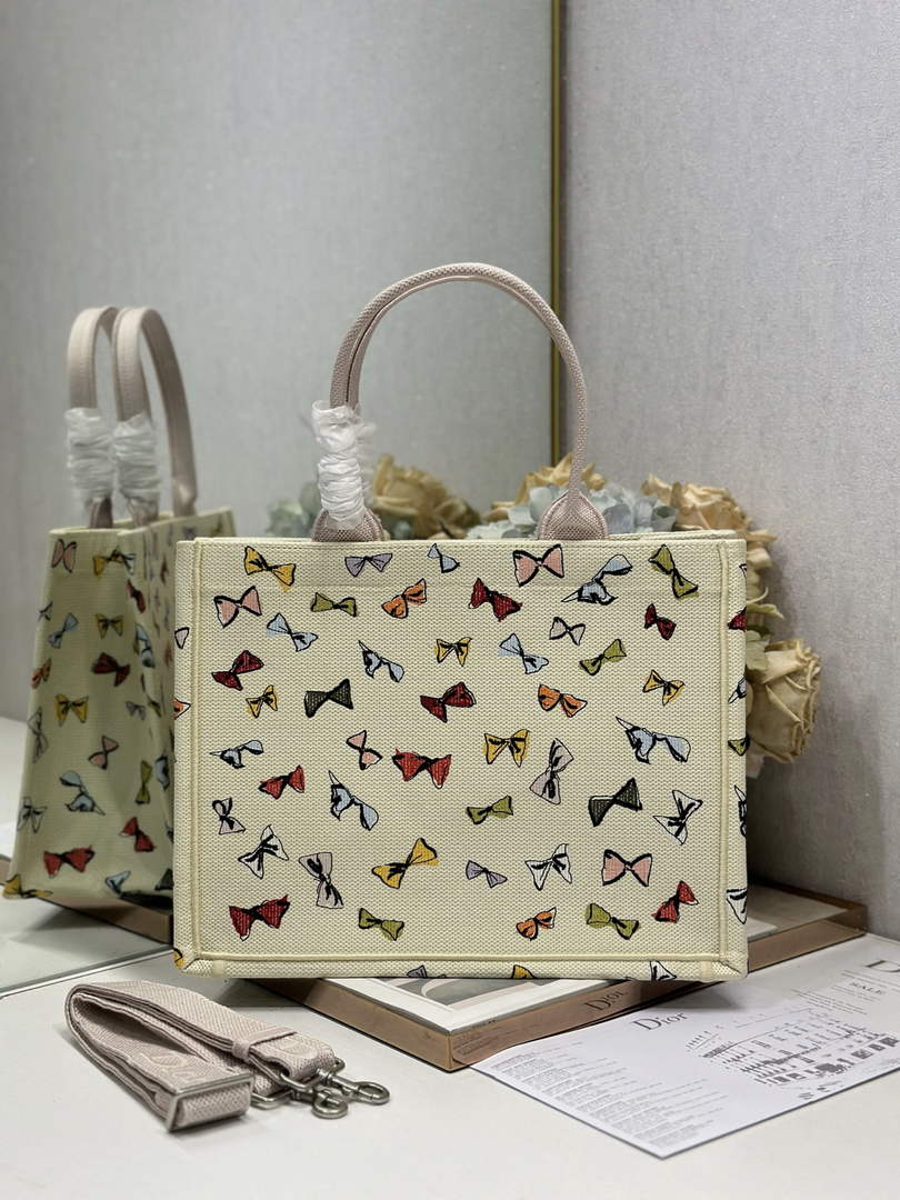 Dioriviera Medium Dior Book Tote with Strap – Latte Multicolor Bows Embroidery