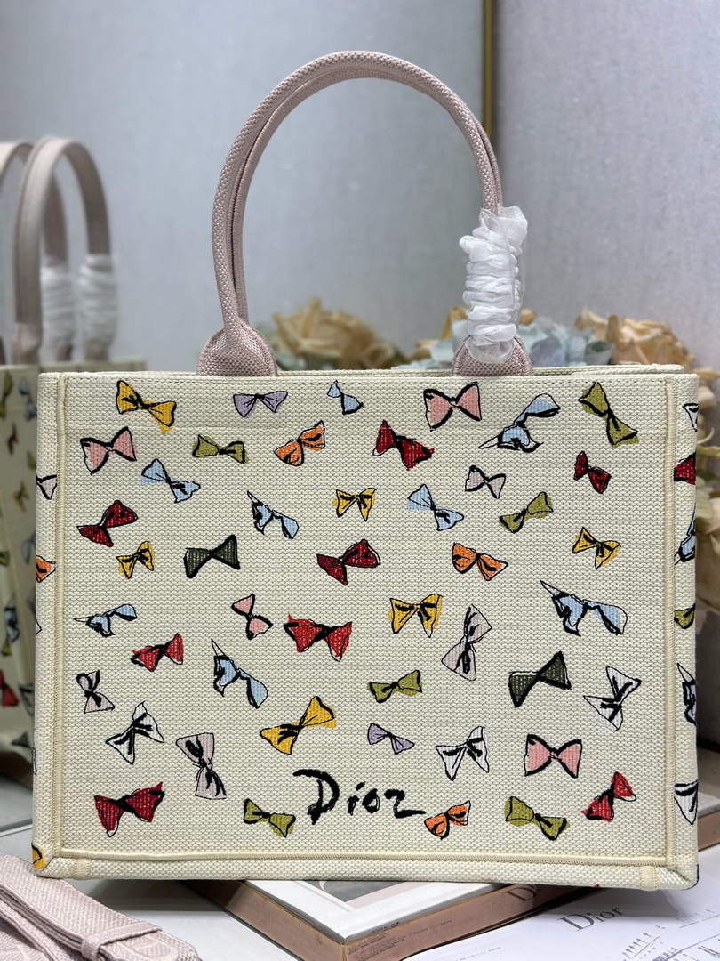 Dioriviera Medium Dior Book Tote with Strap – Latte Multicolor Bows Embroidery