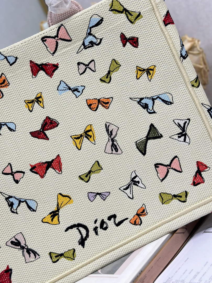 Dioriviera Medium Dior Book Tote with Strap – Latte Multicolor Bows Embroidery