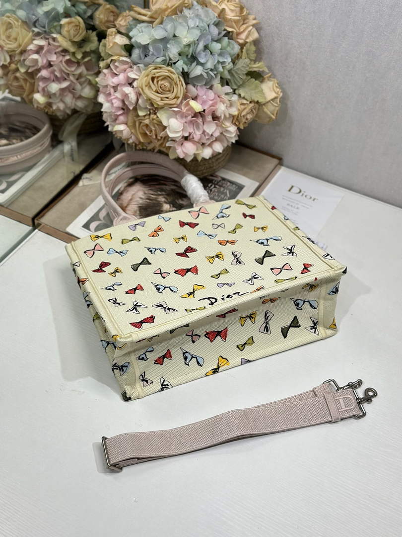 Dioriviera Medium Dior Book Tote with Strap – Latte Multicolor Bows Embroidery