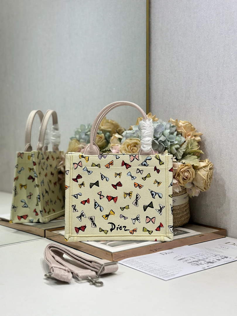 Dioriviera Small Dior Book Tote with Strap – Latte Multicolor Bows Embroidery