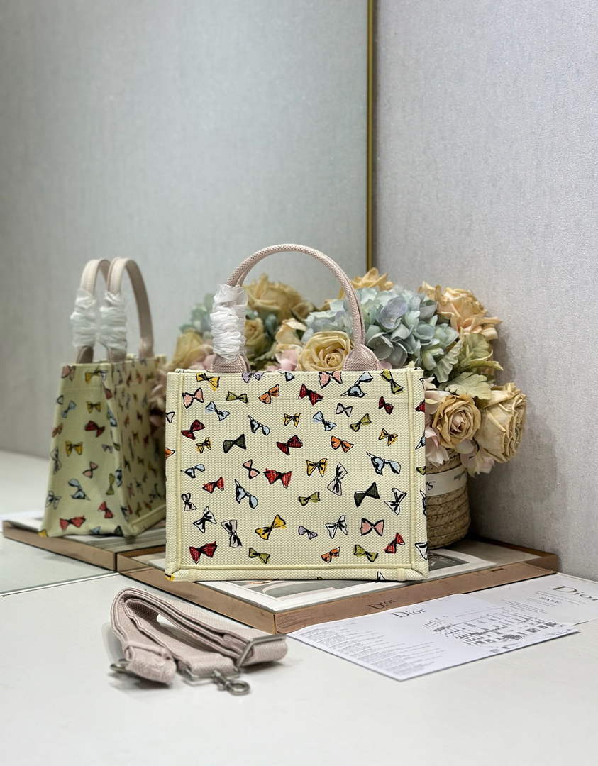 Dioriviera Small Dior Book Tote with Strap – Latte Multicolor Bows Embroidery