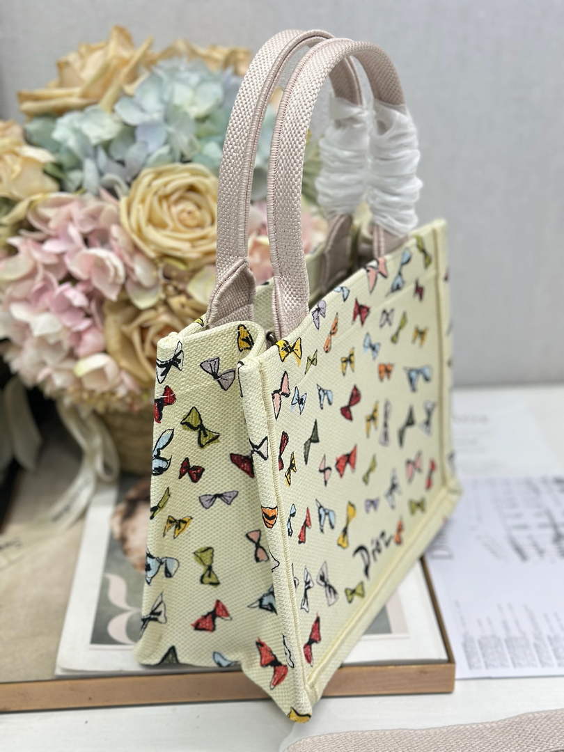 Dioriviera Small Dior Book Tote with Strap – Latte Multicolor Bows Embroidery