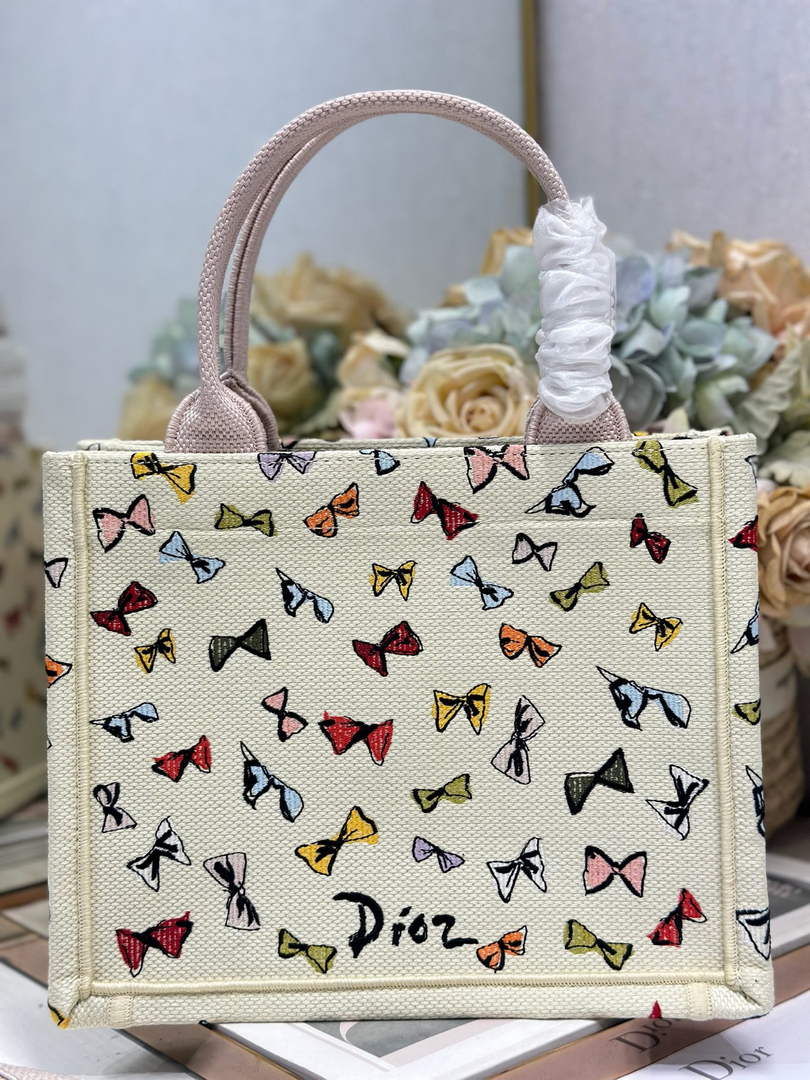 Dioriviera Small Dior Book Tote with Strap – Latte Multicolor Bows Embroidery