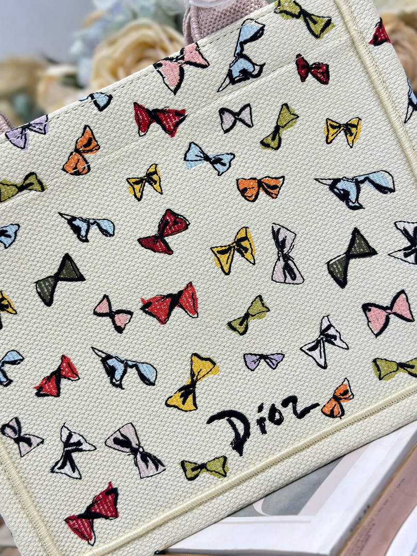 Dioriviera Small Dior Book Tote with Strap – Latte Multicolor Bows Embroidery