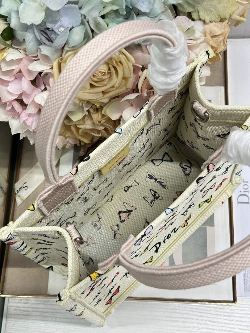 Dioriviera Small Dior Book Tote with Strap – Latte Multicolor Bows Embroidery