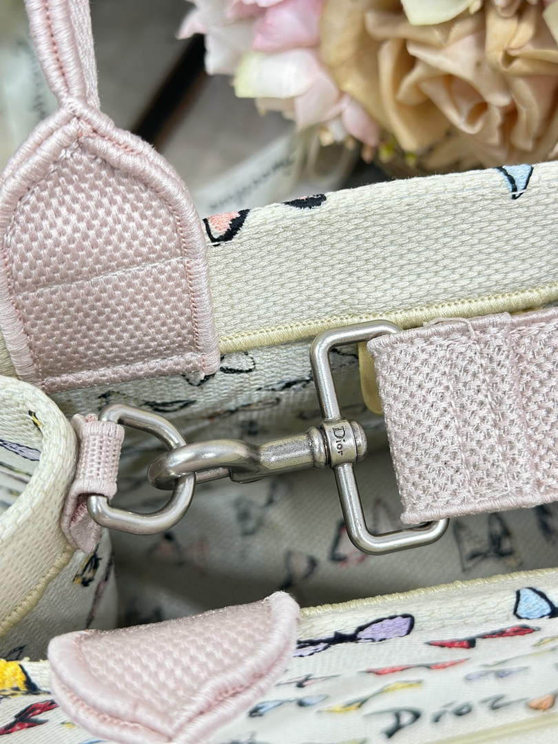 Dioriviera Small Dior Book Tote with Strap – Latte Multicolor Bows Embroidery