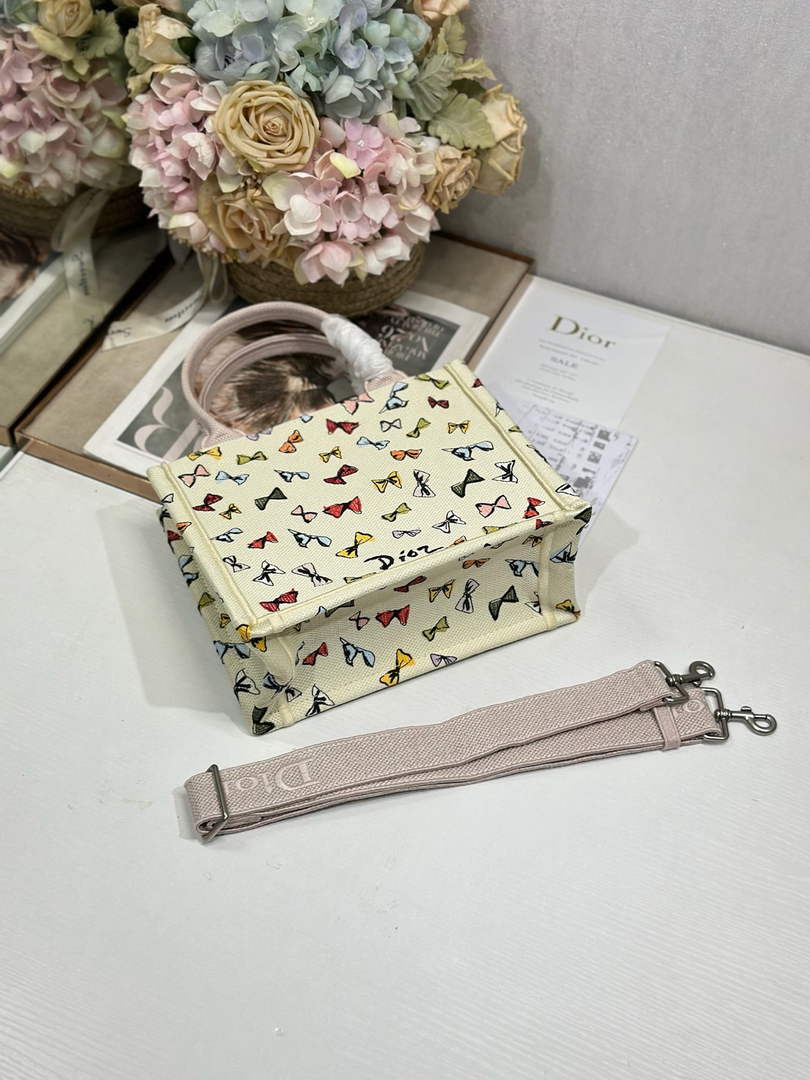 Dioriviera Small Dior Book Tote with Strap – Latte Multicolor Bows Embroidery